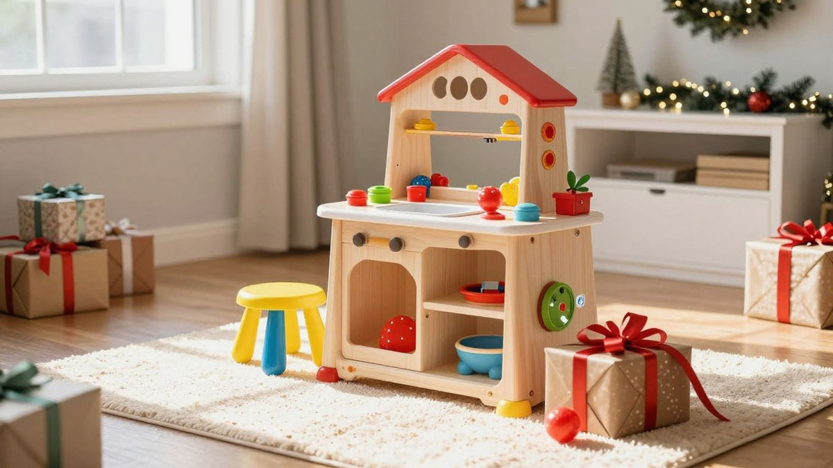 Play kitchen surrounded by gifts and holiday decorations.
