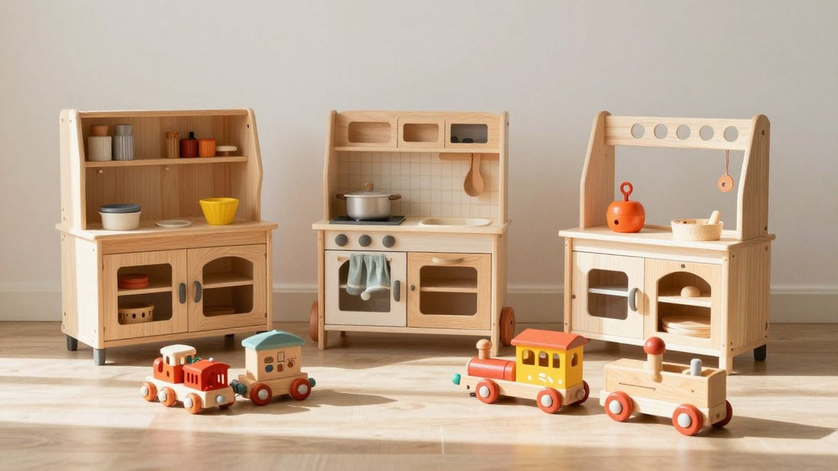 Aldi wooden toy event with kitchen, dollhouse, and train set.