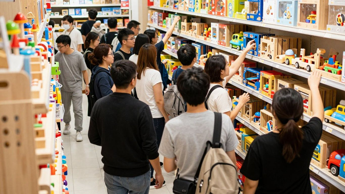 Aldi shoppers grabbing wooden toys from shelves.