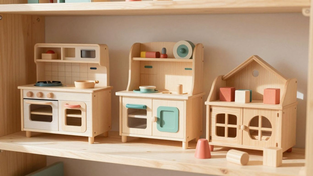 Aldi and Lidl wooden toys on store shelves.