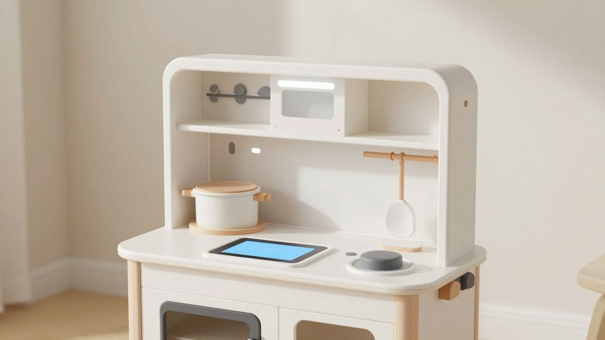 Modern toy kitchen with smart features and chic design.