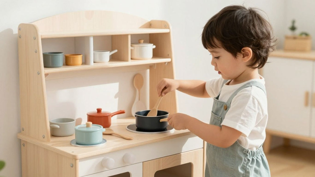 Child playing with a wooden toy kitchen.