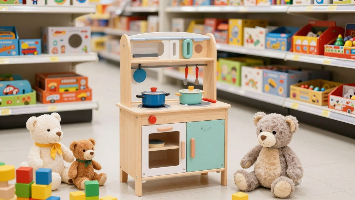 Aldi toy event with play kitchens and stuffed animals.
