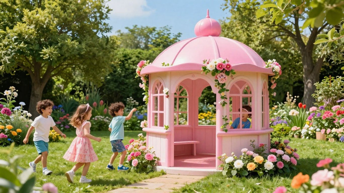 Princess gazebo in a garden with children playing.