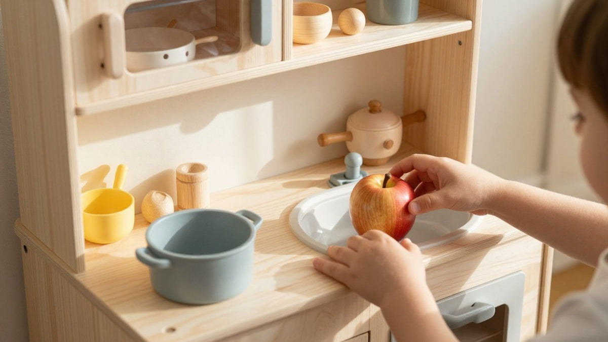 Wooden play kitchen with miniature food and accessories.