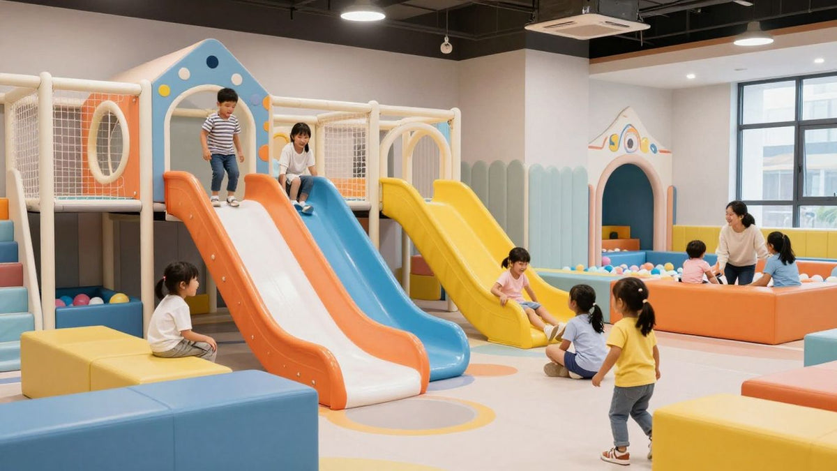 Children playing inside a colorful modern indoor play center