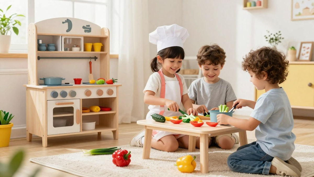 Children playing with expanded wooden play kitchen collection.