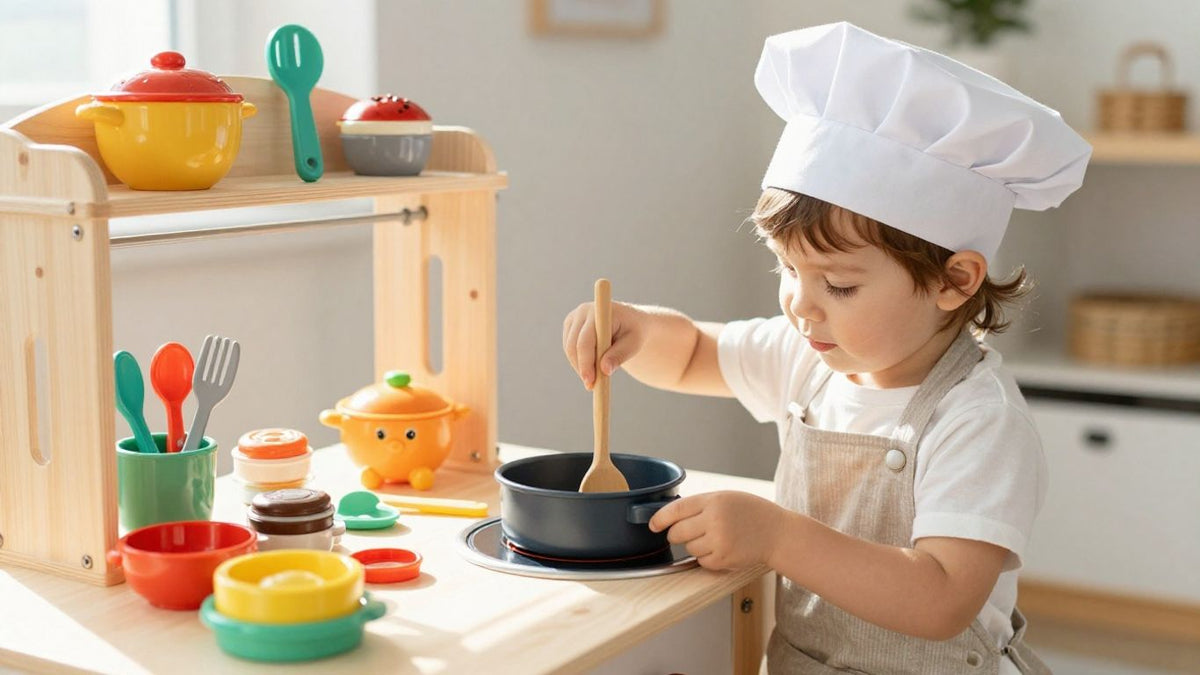 Child playing in a colorful toy kitchen with chef hat.