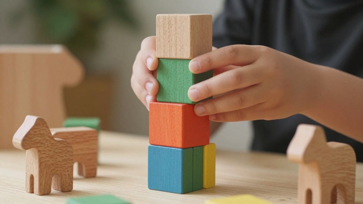 Child playing with wooden blocks and animals.