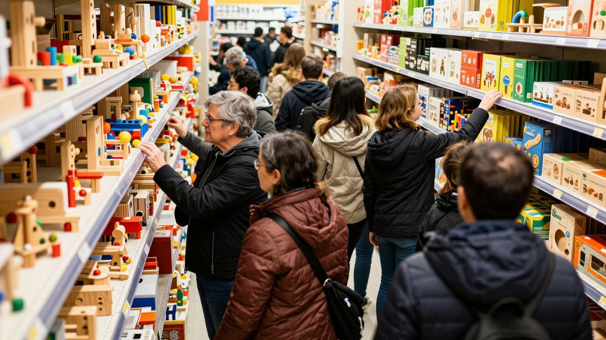 Aldi shoppers grabbing wooden toys during a sale event.