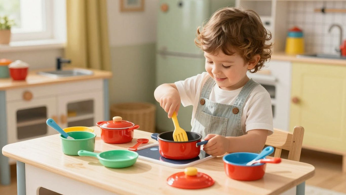 Toddler happily playing with a colorful toy kitchen set.