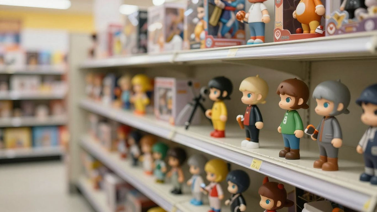 Toy shelf with empty spaces and few popular toys.