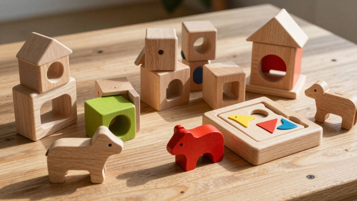 Wooden toys arranged on a natural wood surface.