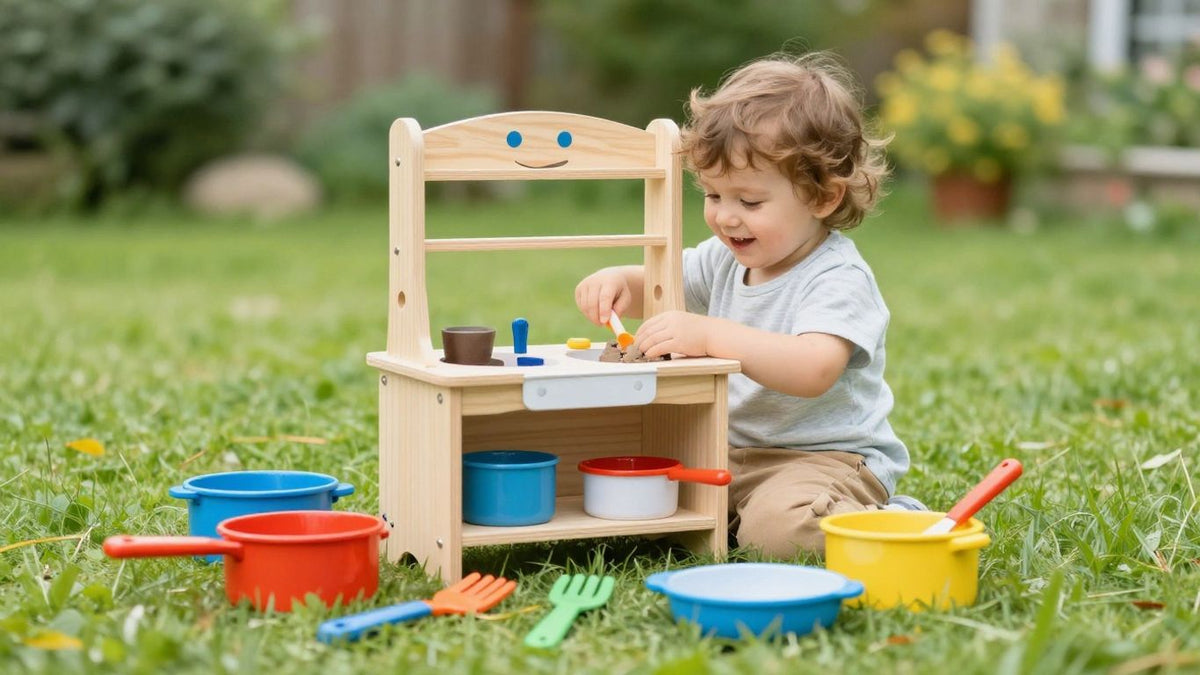 Child playing with a wooden mud kitchen outdoors.