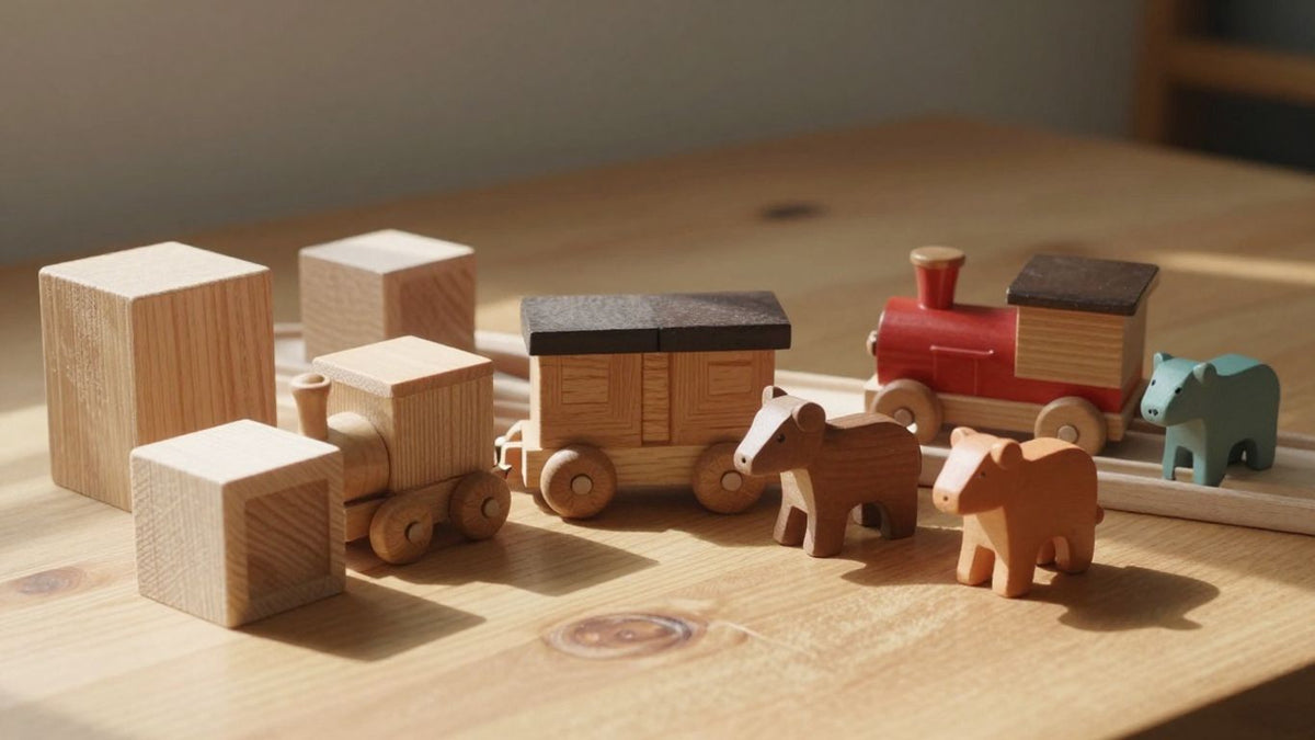 Wooden toys arranged on a natural wood surface.