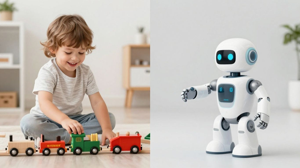 Wooden toys and AI toys side-by-side with children playing.