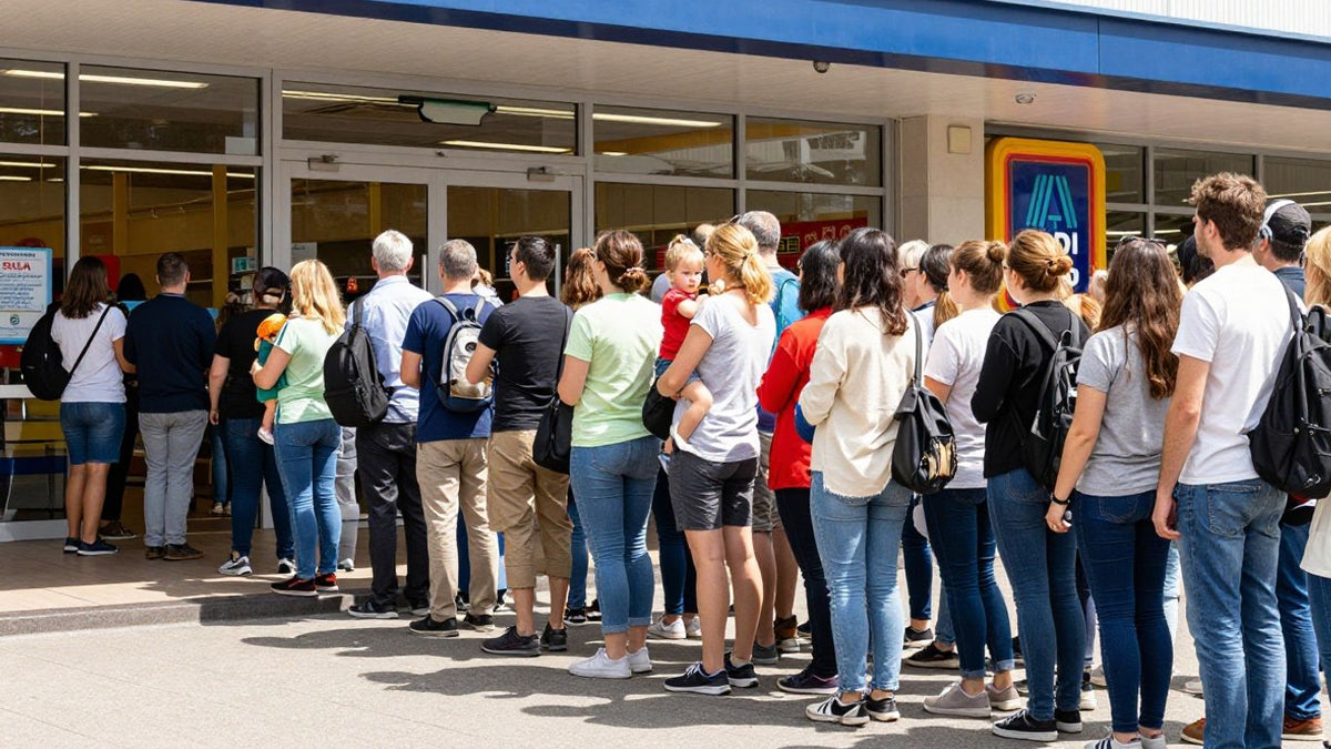 Shoppers queue for hours outside Aldi for wooden toys.