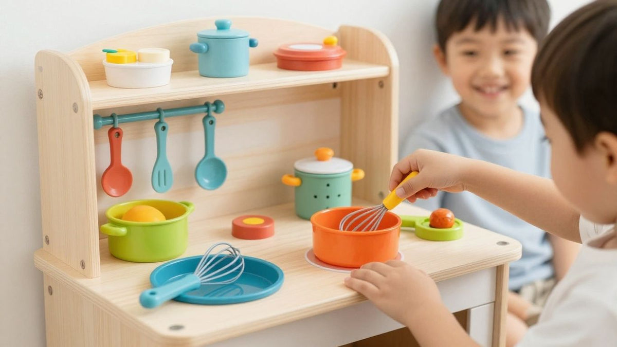 Child playing with a wooden toy kitchen and food.