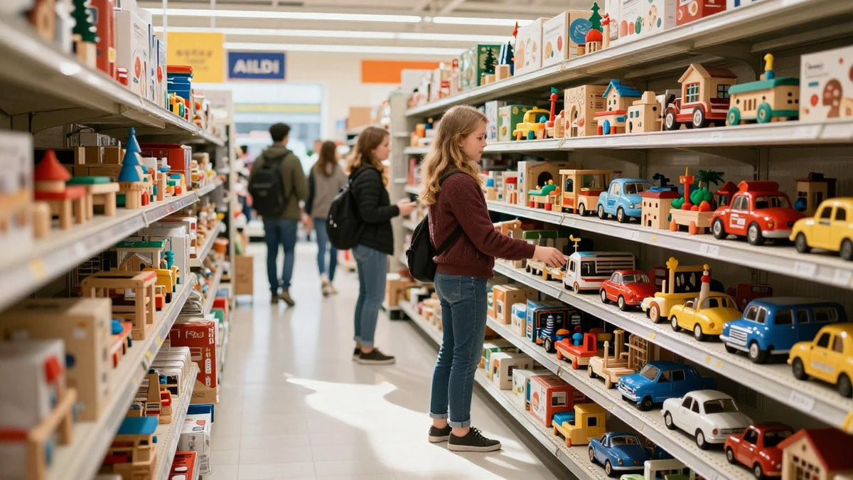 Aldi shoppers buying wooden toys during a sale event.