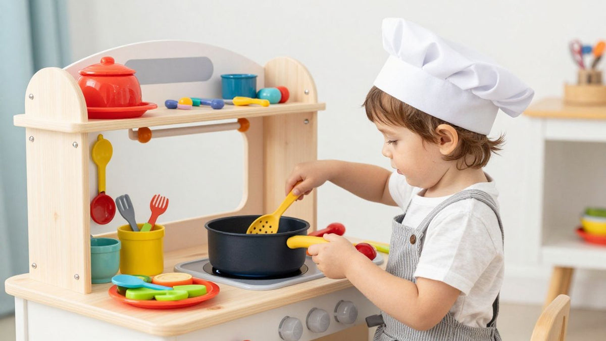Child playing in a colorful toy kitchen with food.