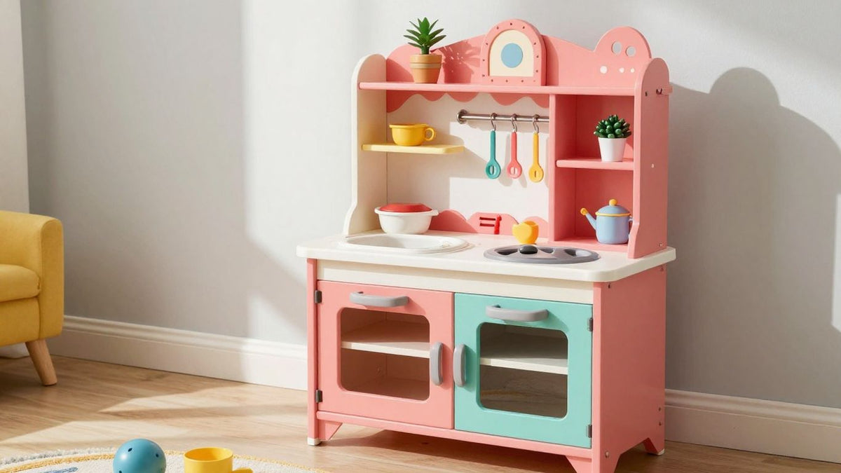 Customized Kmart and IKEA toy kitchen transformed into a dream play space.
