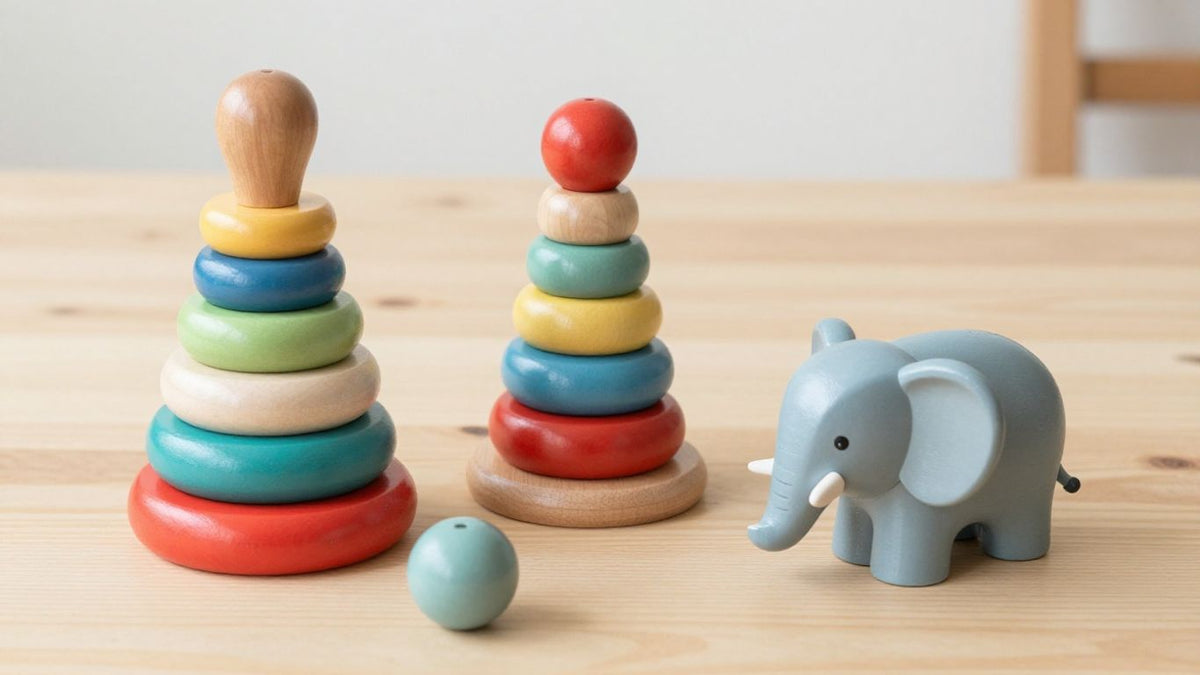 Fisher-Price wooden toys on a natural wood surface.