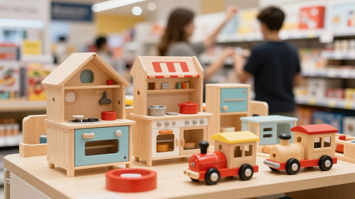 Aldi wooden toy event with shoppers and toys.