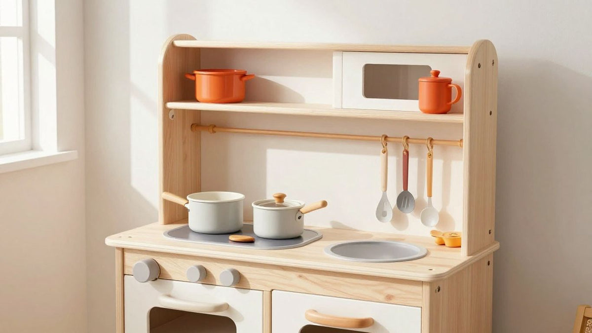 Child playing in a stylish, modern wooden play kitchen.