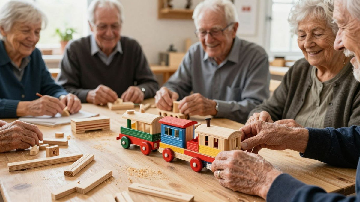 Seniors build wooden toys for children in need.