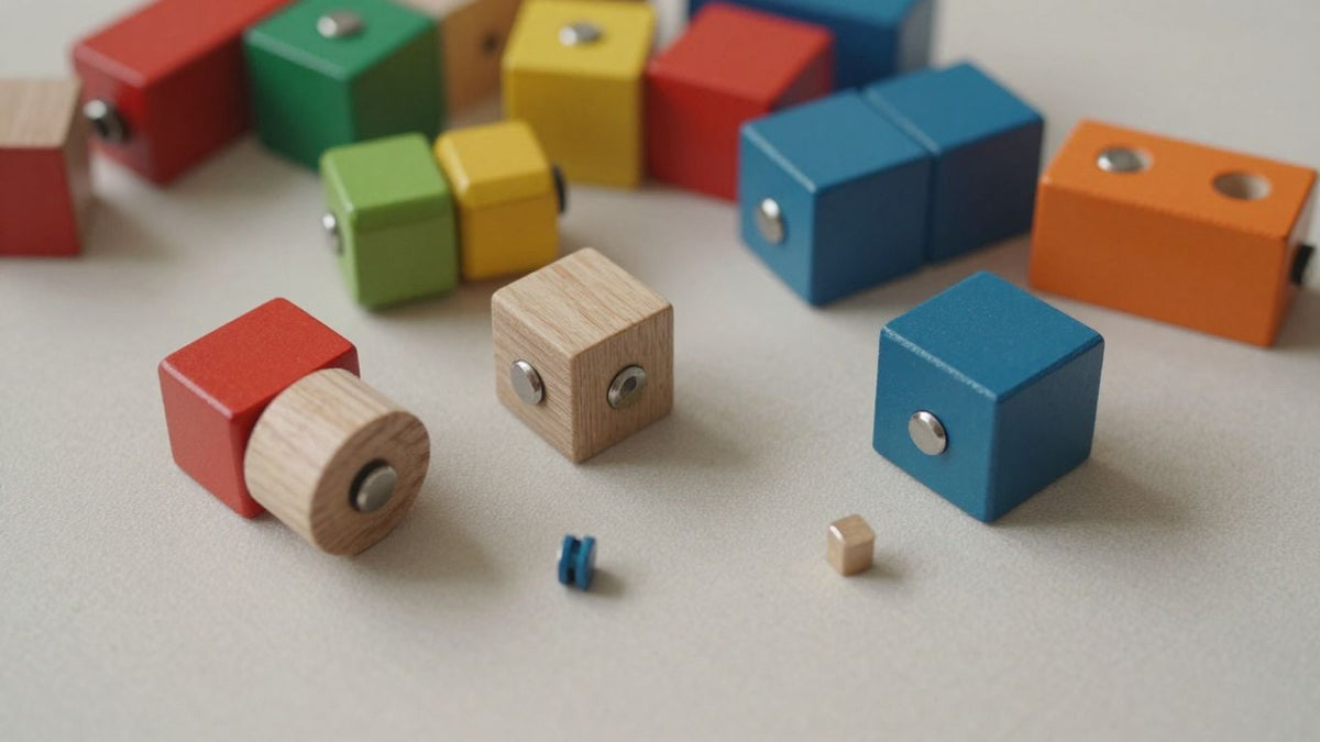 Wooden toys with small magnets and choking hazards.