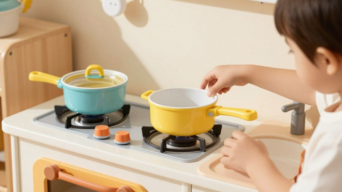 Child playing with a colorful toy kitchen set.