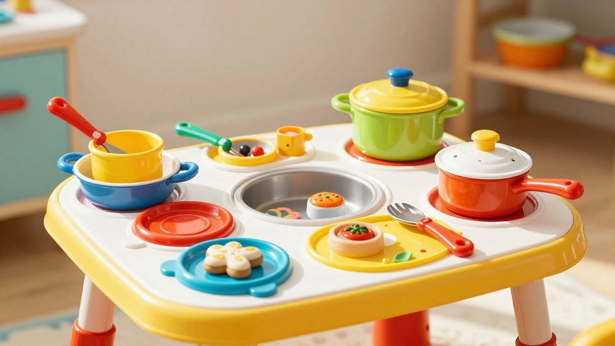 Play kitchen with colorful accessories and food items.