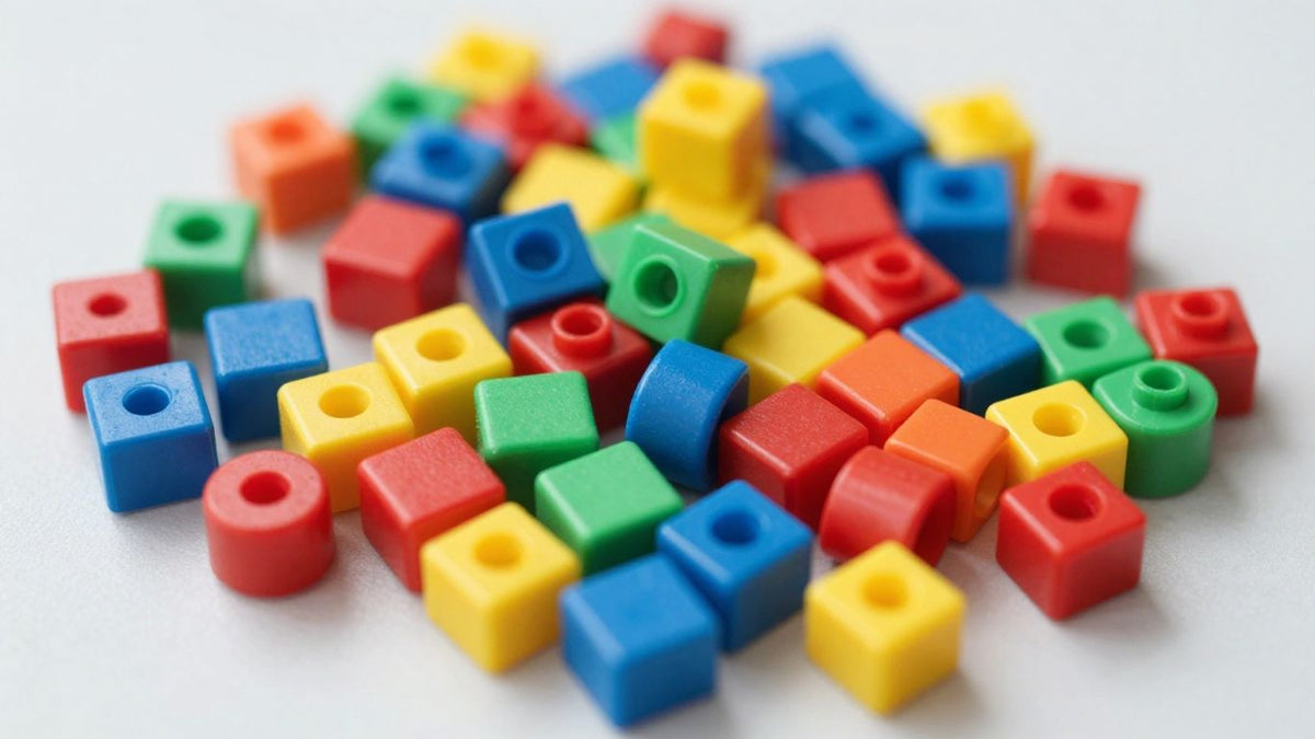 Colorful magnetic building blocks scattered and partially stacked.