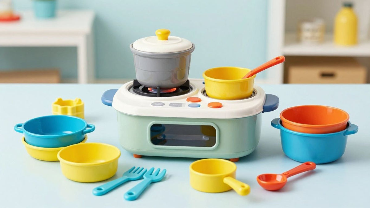 Children's play kitchens and cooking accessories.