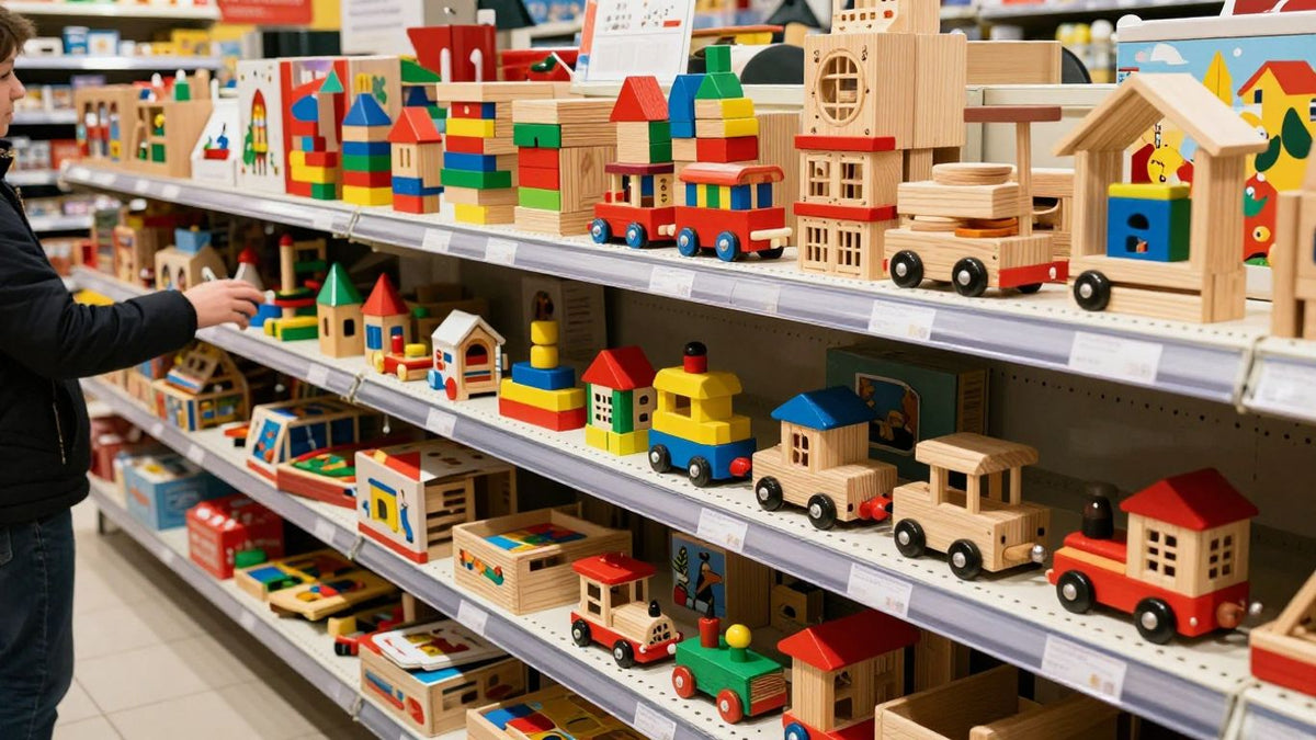 Wooden toys piled high in a supermarket aisle.