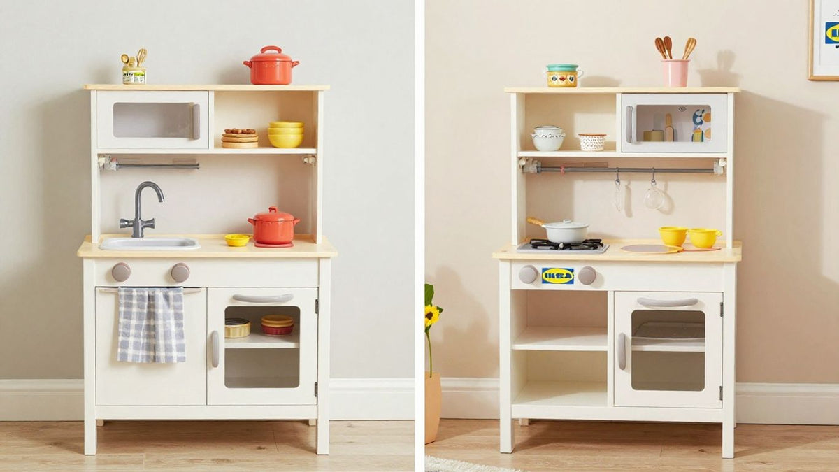 Kmart and Ikea toy kitchens with creative parent hacks.