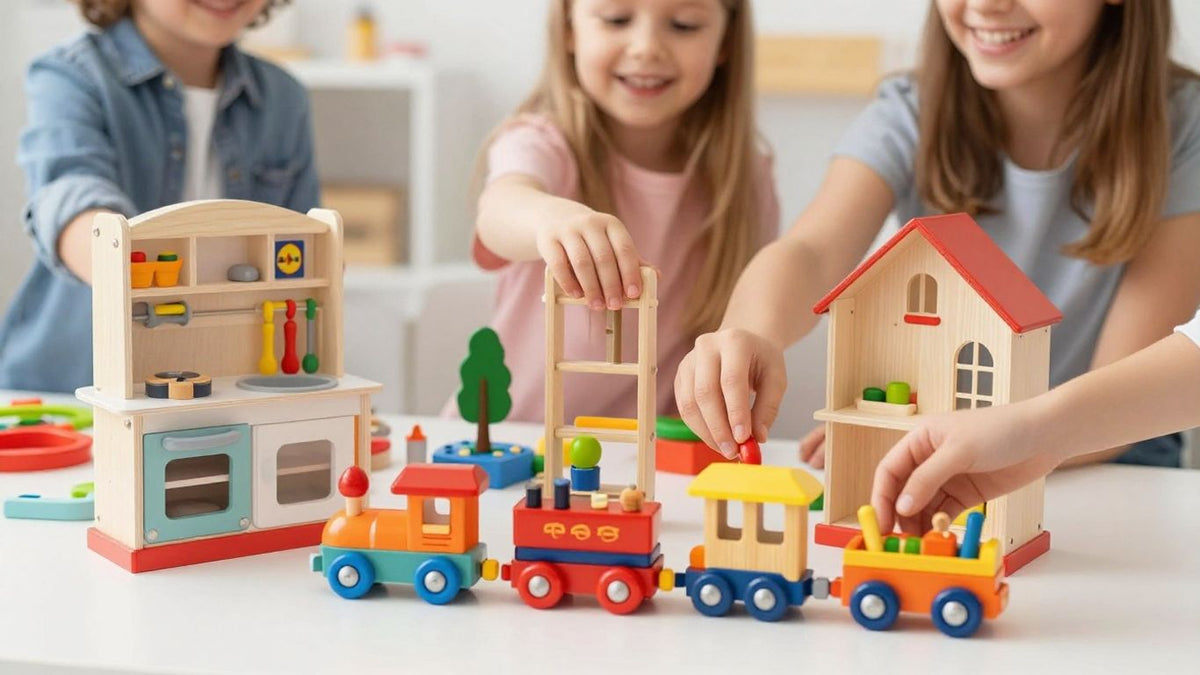Aldi and Lidl wooden toys on sale with happy shoppers.
