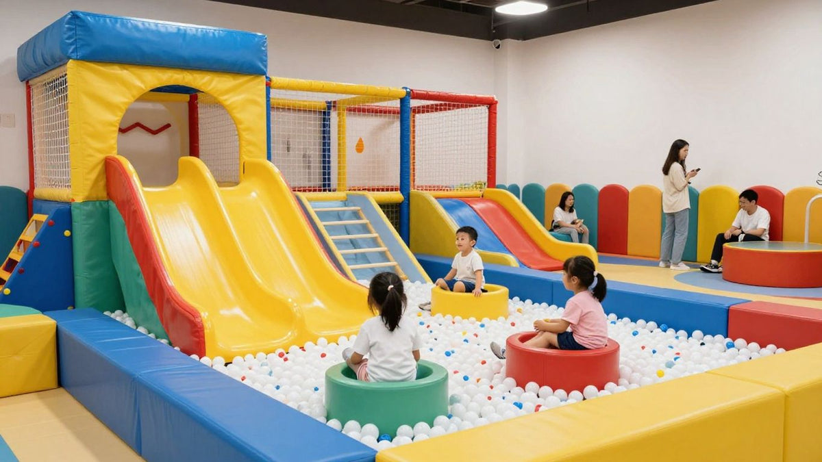 Children playing in vibrant indoor playground with slides.