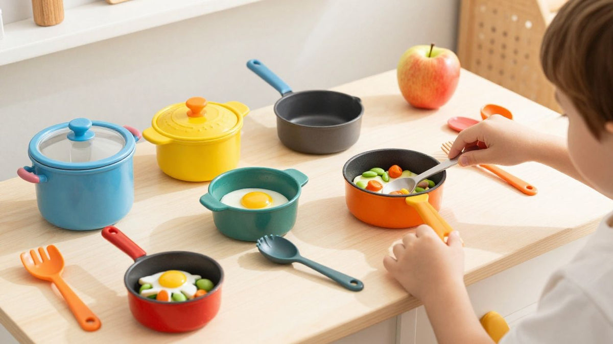 Child playing with a colorful toy kitchen set.
