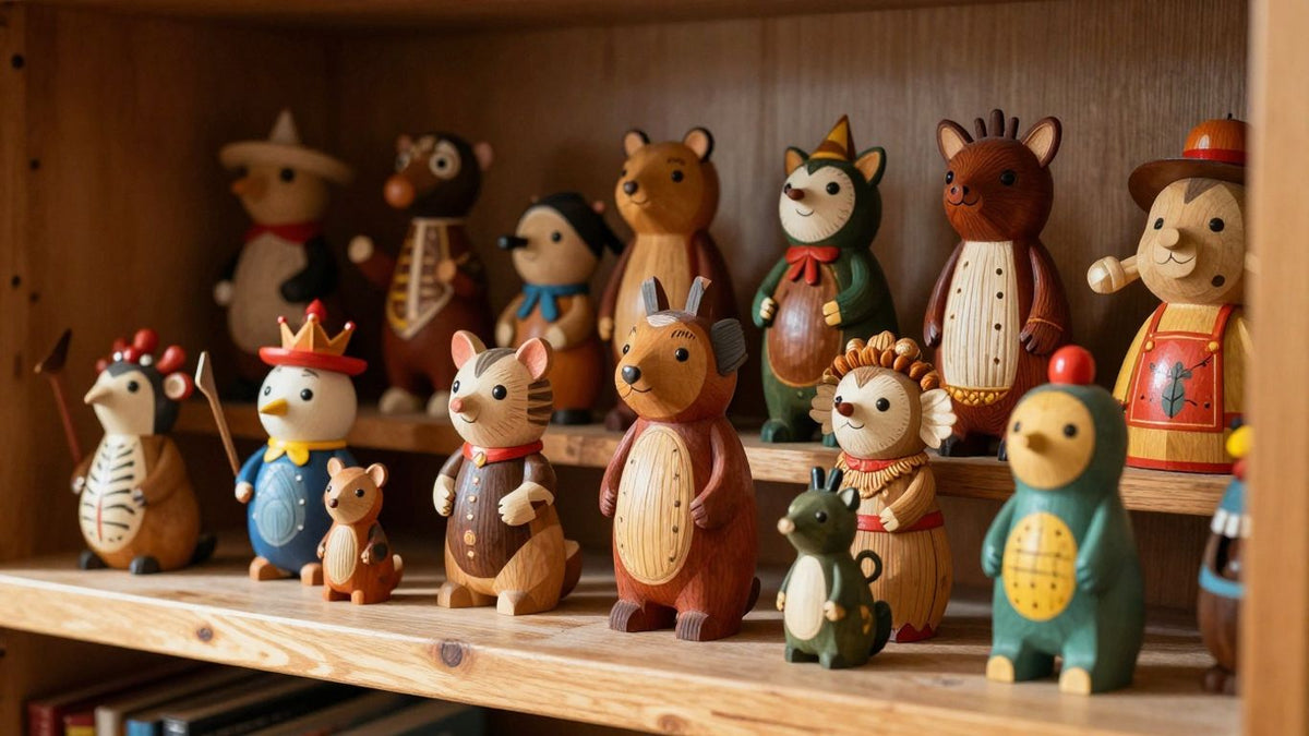 Wooden toys displayed on a library shelf.