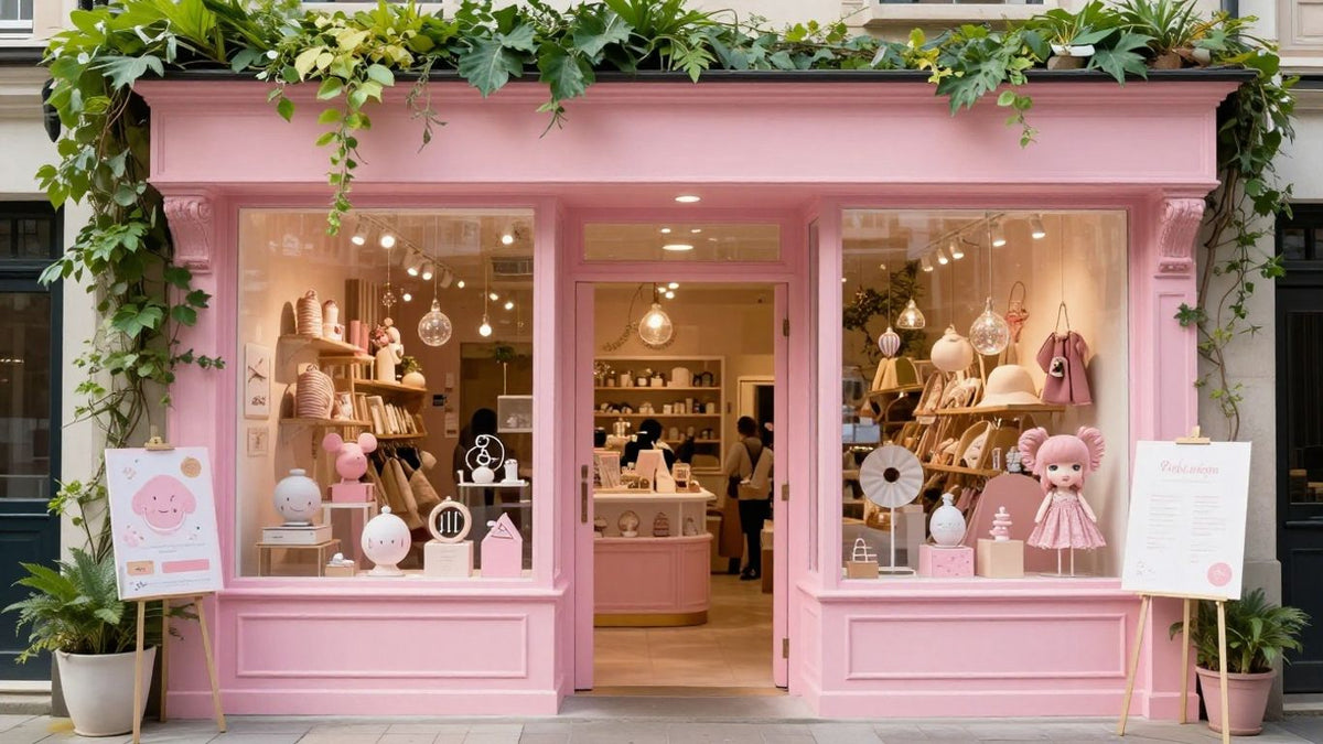 Whimsical pink storefront with playful decor and greenery.