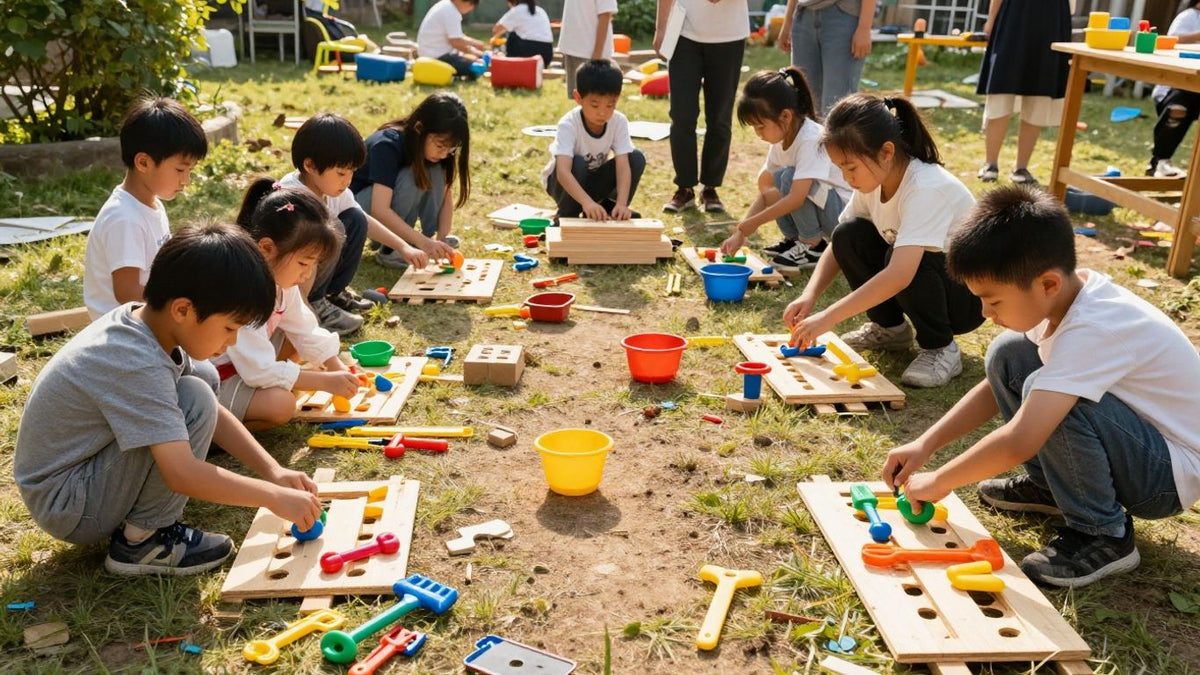 Children building in a creative outdoor garden space.