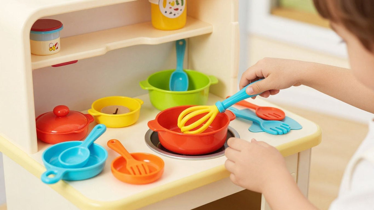 Child playing with a colorful toy kitchen set.