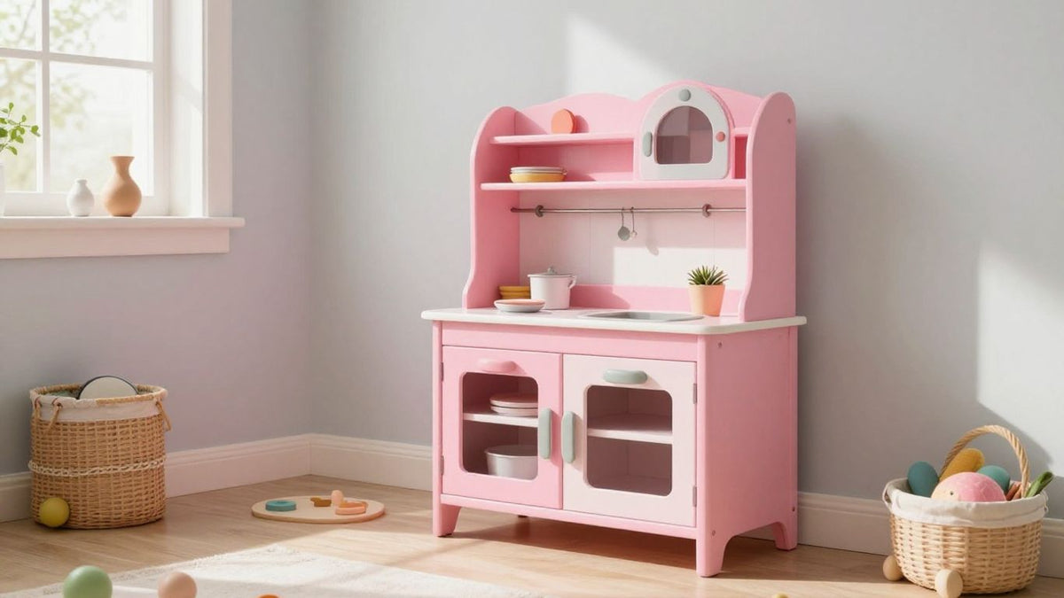 Pink custom play kitchen in a bright, renovated room.