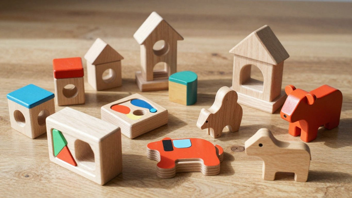 Colorful wooden toys arranged on a table.