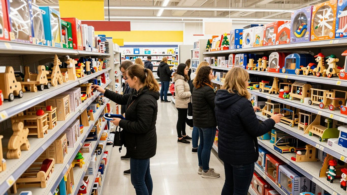 Aldi shoppers grabbing wooden toys during a sale event.