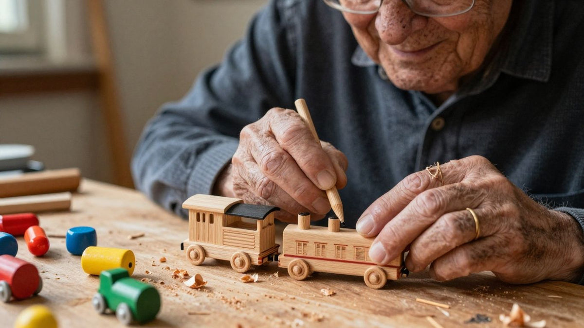 Centenarian Hal Yoak with his handcrafted wooden toys.