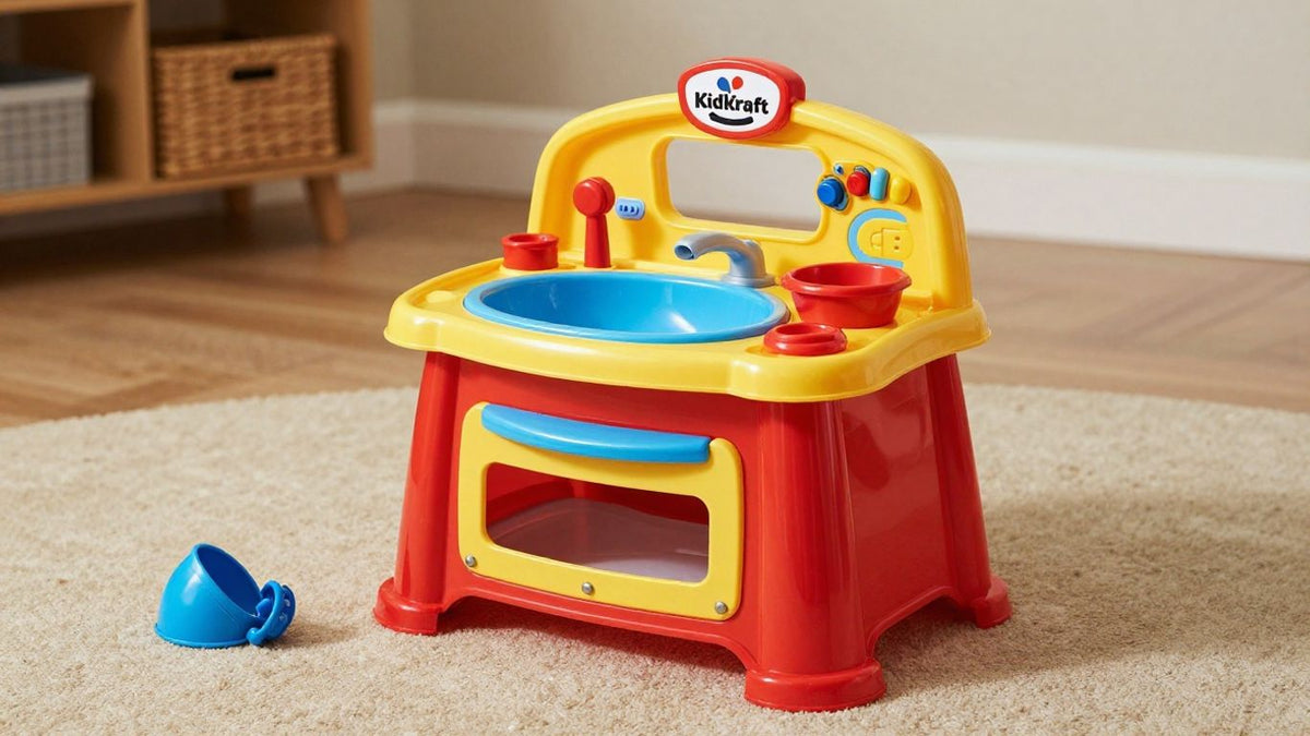 KidKraft play kitchen with a toy accessory on the floor.