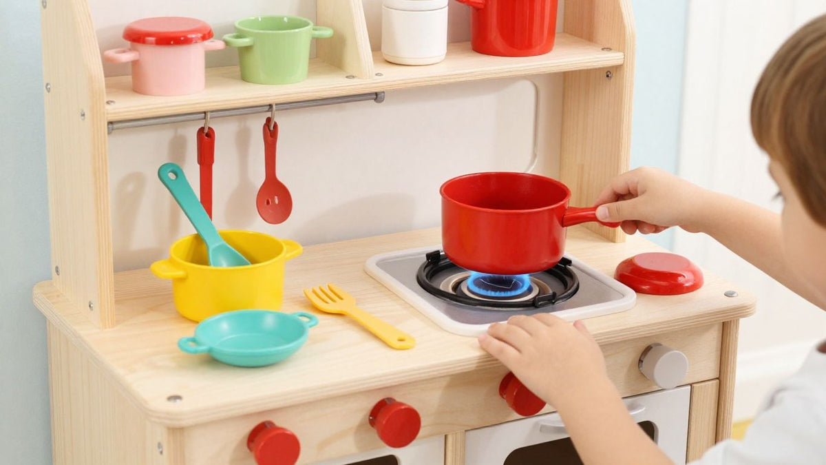 Child playing with a wooden toy kitchen.