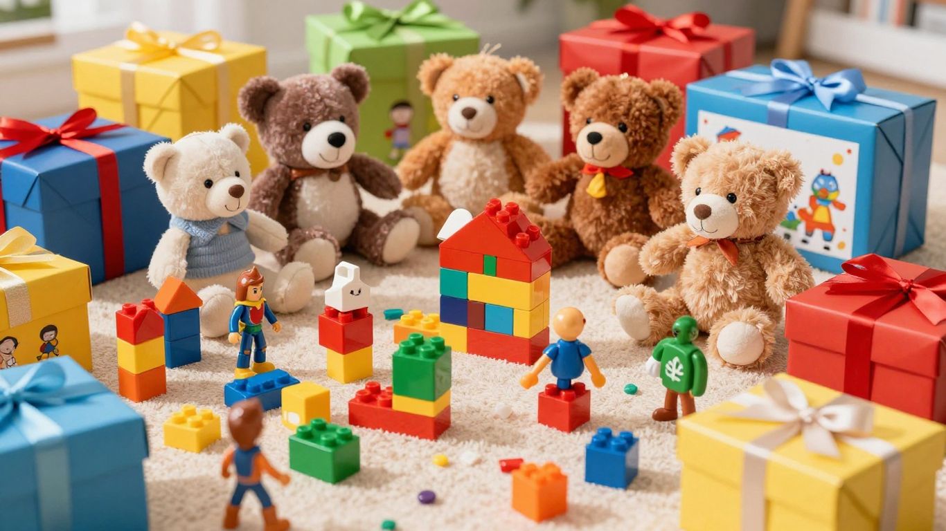 Pile of toys and gift boxes with bright colors.